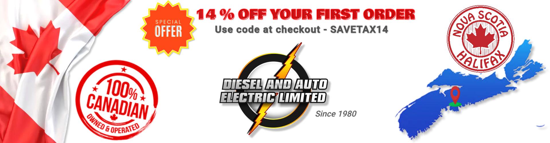 Diesel and Auto Electric Limited promotional banner offering 14% off first order with code SAVETAX14 on auto parts, car batteries, truck batteries, starters, alternators, and automotive electrical supplies, featuring Canadian flag, 100% Canadian owned badge, and Halifax Nova Scotia location map